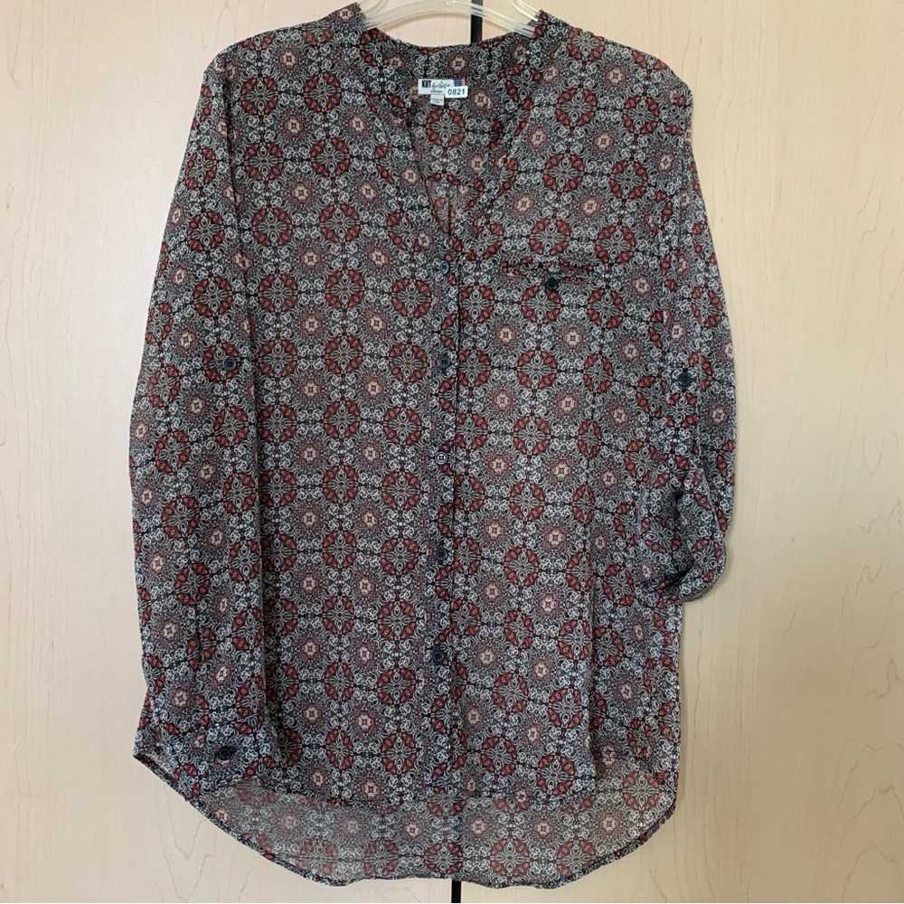KUT from the Kloth Women Roll Tab Sleeve Chiffon Button-Up Shirt Red Black M USA